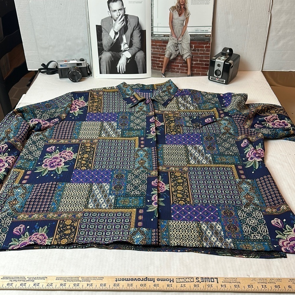 Patchwork Tapestry Boho Blouse | Hidden Button Front · 90s Art-to-Wear - Picture 2 of 11